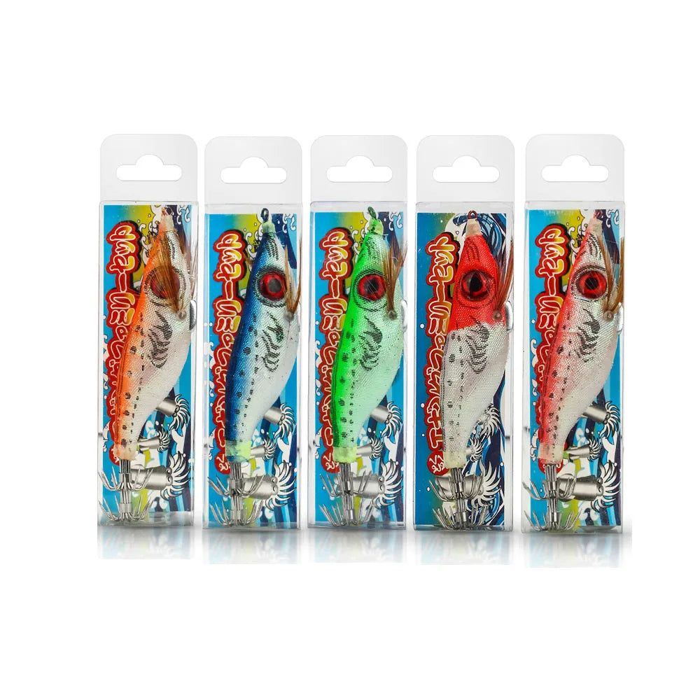5pcs Luminous Squid Jig 10cm/9g – Wood Shrimp Lures for Squid & Cuttlefish