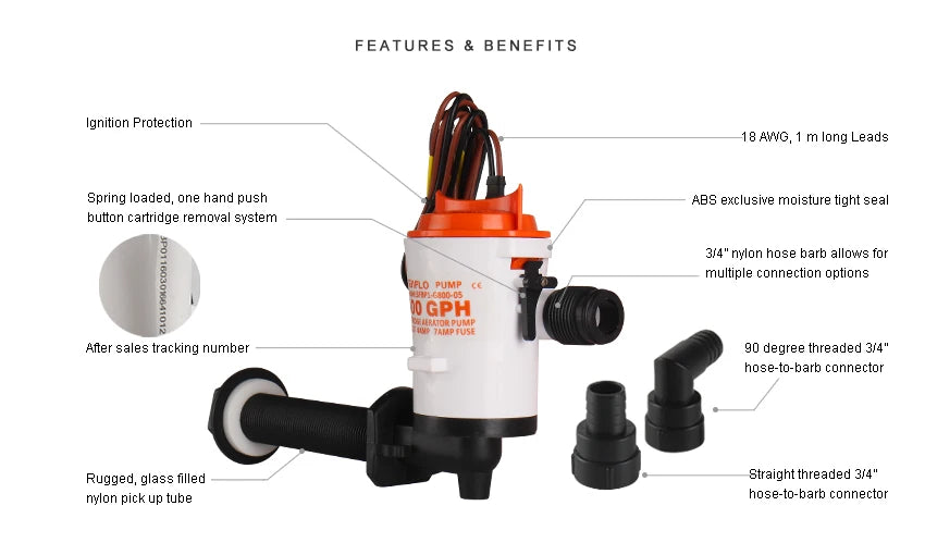 SEAFLO 12V 05 Series Angled 350GPH Baitwell Pump – Live Bait Tank Aerator